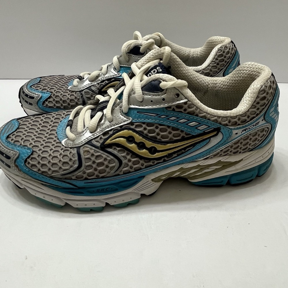 Saucony Running Athletic Shoes Trainers Gray Mesh Blue Gold Black Logo Women 8.5